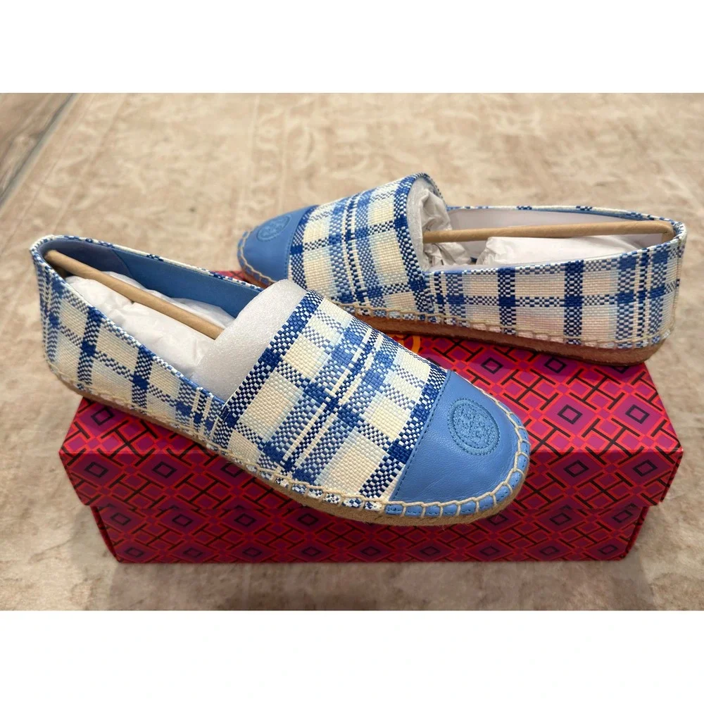 NWT Tory Burch Color Block Flat Espadrille Blue Check Plaid Chambray 7.5